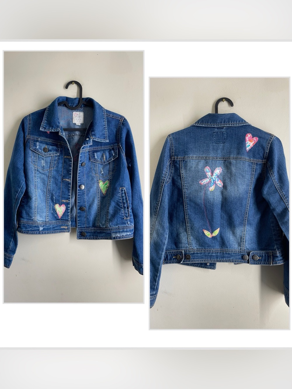 Children’s Place Denim Jacket Girls XL 14 Hand Applique Heart Flower Jean Jacket